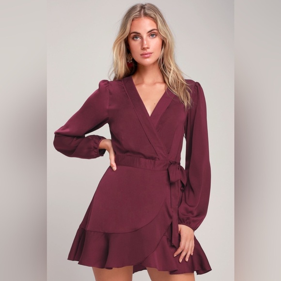 Lulu’s Burgundy Wrap Dress - Picture 1 of 3